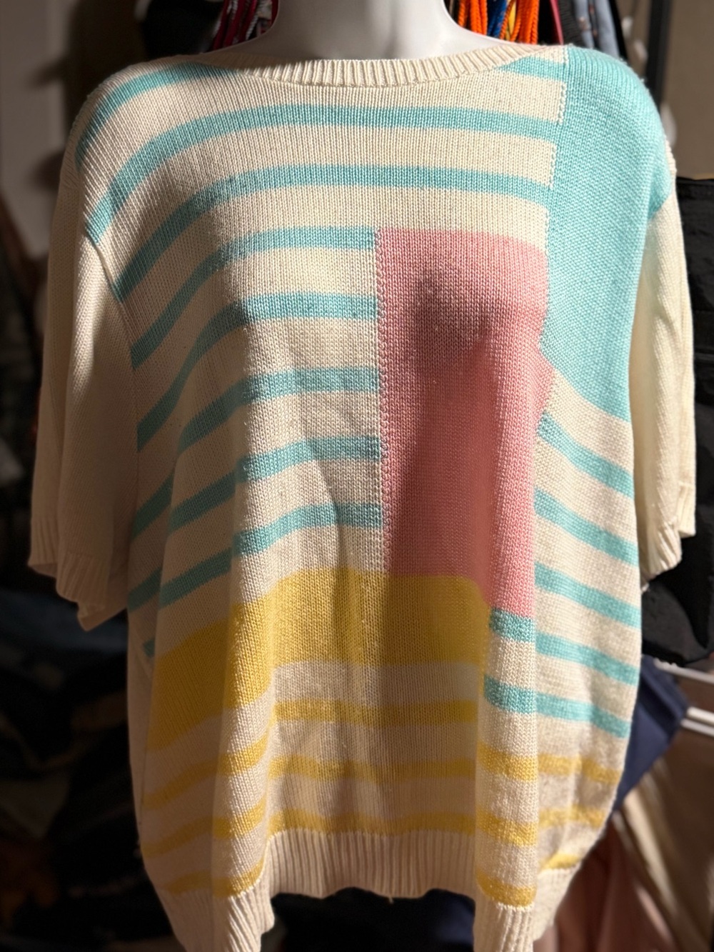 VTG Lady Devon Cream Striped Short-Sleeve Sweater with Pastel Color Blocks - 2XL